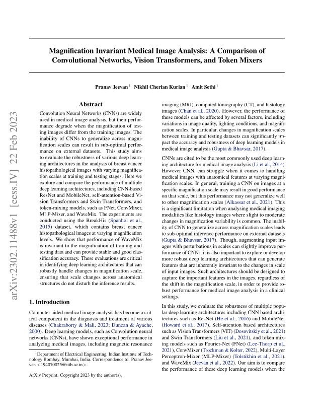 Magnification Invariant Medical Image Analysis: A Comparison of Convolutional Networks, Vision Transformers, and Token Mixers