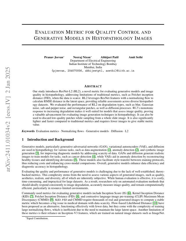 Evaluation Metric for Quality Control and Generative Models in Histopathology Images