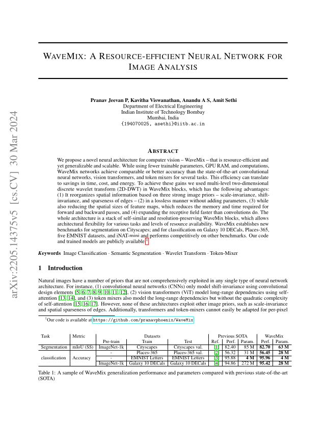 WaveMix: A Resource-efficient Neural Network for Image Analysis