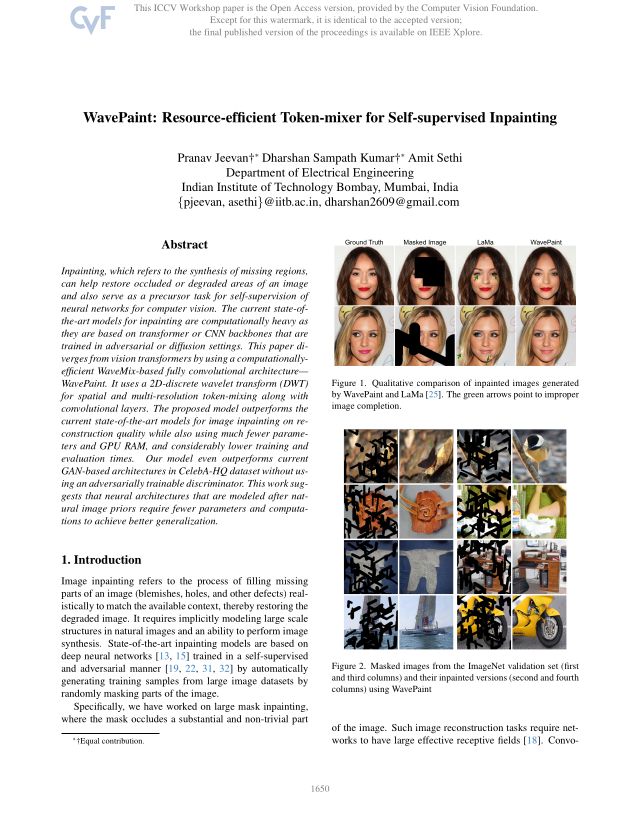 WavePaint: Resource-efficient Token-mixer for Self-supervised Inpainting
